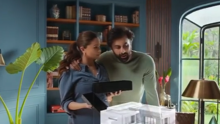 Alia Bhatt shows Ranbir Kapoor blueprint for their new house in advertisement for ‘sariya’ brand.